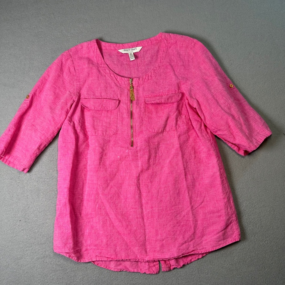 Ellen Tracy Boho Pink Linen Cotton Half Zip Tassel Blouse Size Medium 3/4 Sleeve